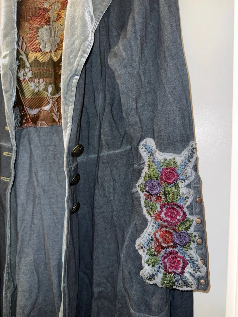 Soft Surroundings Slate Gray Velvet Trench Coat with Embroidered Lining - Picture 3 of 7